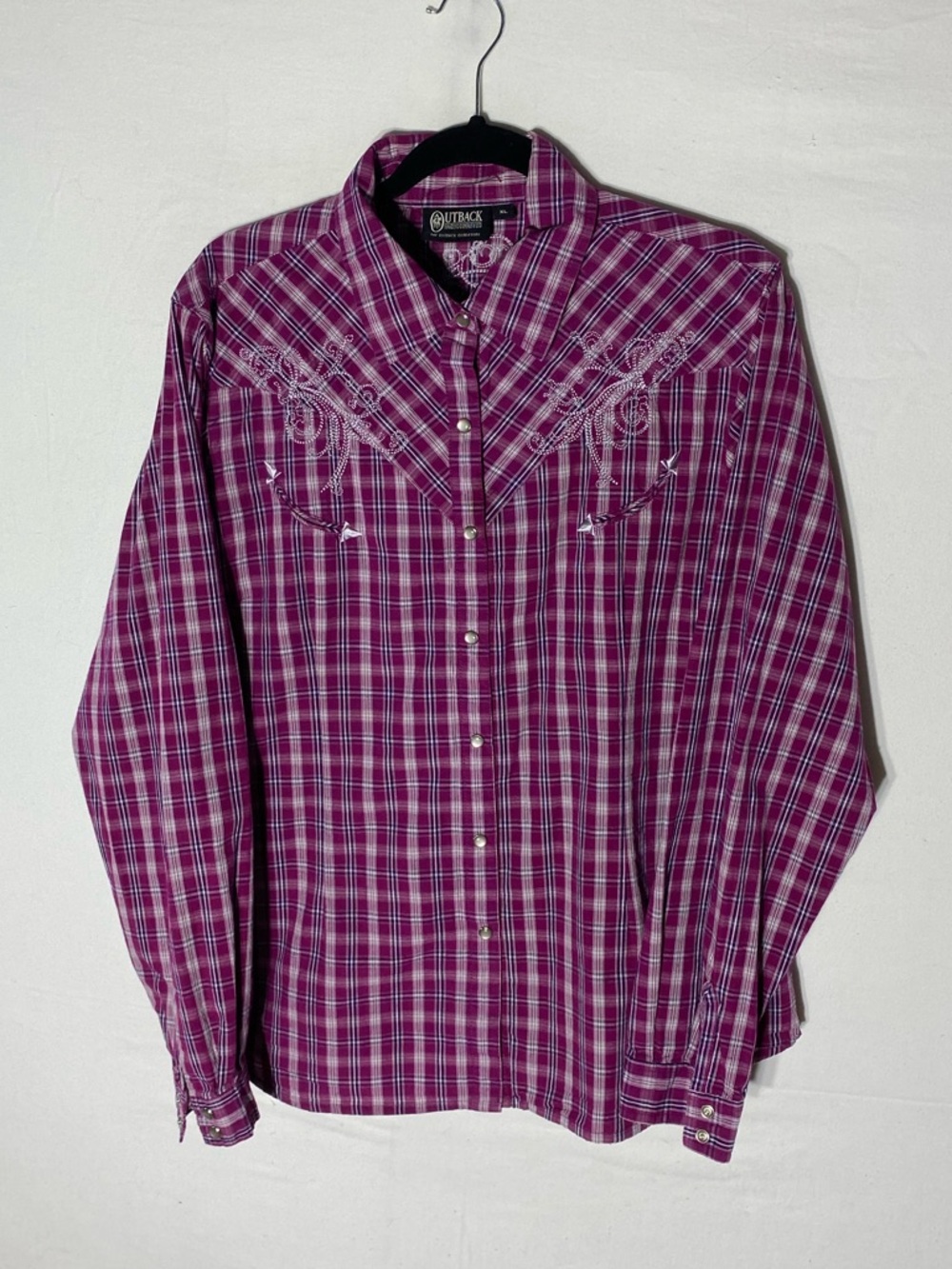 Vintage Y2K Outback Trading Co Pink Lucky Stars Performance Pearl Snap Shirt XL